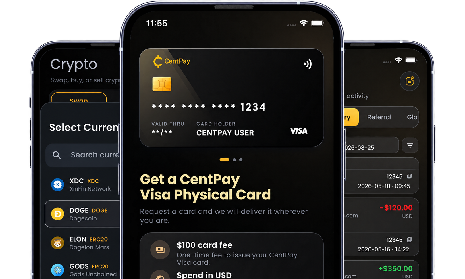 โทรศัพท์สามเครื่องที่แสดงแอป CentPay: รายการแลกเปลี่ยนคริปโต, บัตร Visa CentPay และกิจกรรมบัญชีล่าสุด