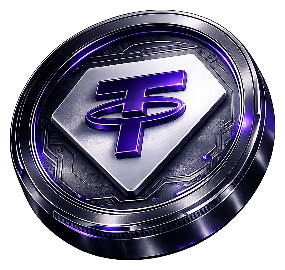 เหรียญ Tether (USDT) ที่แสดงด้วยสีโครมและสีม่วง
