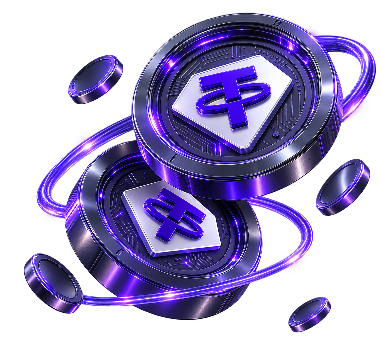 เหรียญ Tether (USDT) สองเหรียญ ที่ถูกล้อมรอบด้วยร่องรอยแสงที่โคจรอยู่รอบๆ